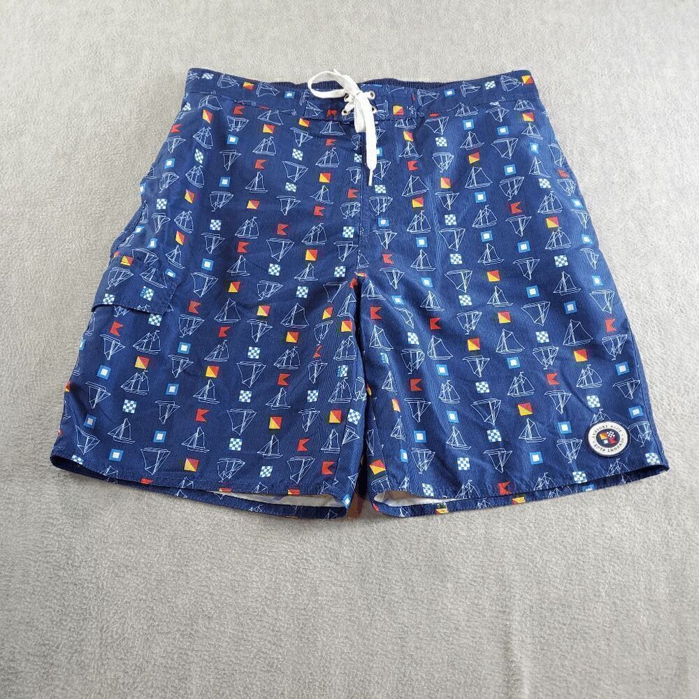 Vtg Newport Blue Board Shorts Men Large Blue Boat Print Nautical Swimwear